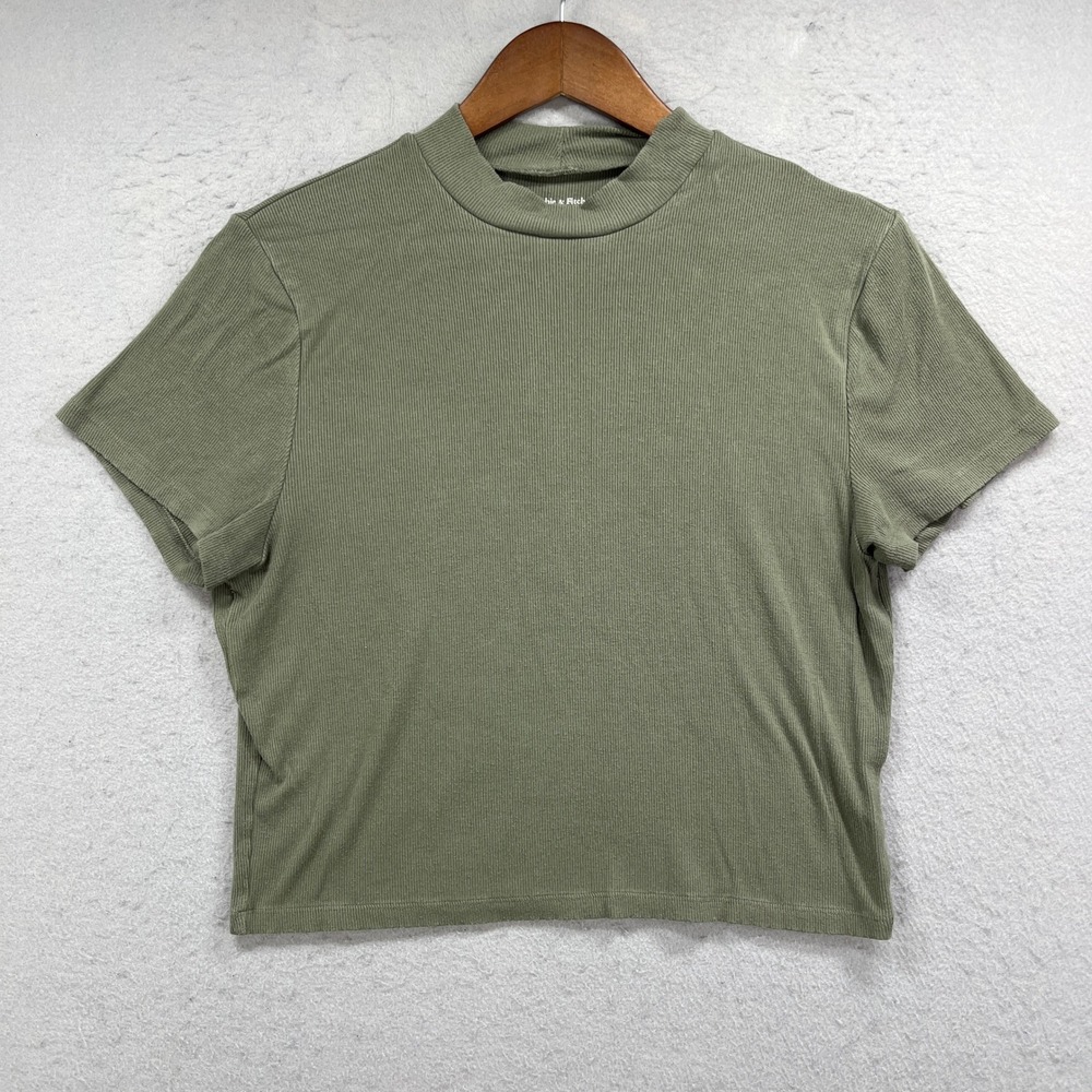 Abercrombie & Fitch T Shirt Womens L Green Soft A&F Rib Mock Neck Casual Preppy